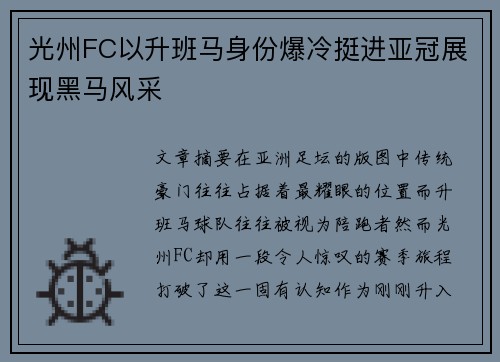 光州FC以升班马身份爆冷挺进亚冠展现黑马风采
